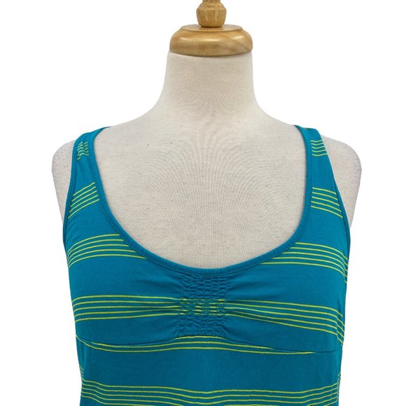 Roxy Women's Tank Top Blue & Yellow Striped Scoop Neck Racerback Fringe Large L - Picture 2 of 6
